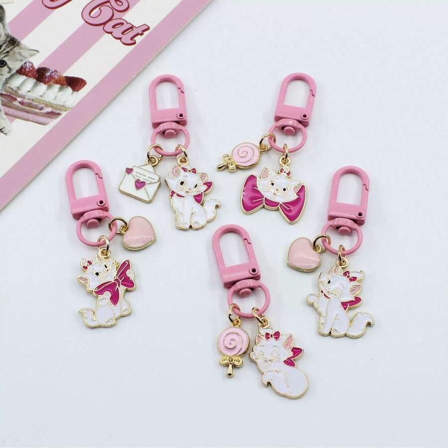 1/3/5pcs Cute Disney Marie Cat Enamel Bag Charm, Pink Bow Cat Keychain With Heart-Shaped Lollipop Pendant, Suitable For Girls - G - View 1