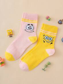 SpongeBob SquarePants 2 đôi tất nữ cao cổ giữa bắp chân họa tiết biểu cảm cá tính vui nhộn dòng SquarePants - Nhiều màu - Xem 3
