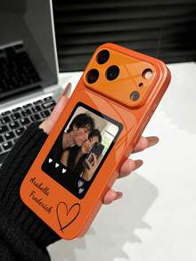 1pc DIY Customized Couple Photo & English Name Dual Custom Luxury Fashion Large Window Tempered Glass With Lens Protection Anti-Drop Phone Case Compatible With Apple Duo/18ProMax/17ProMax/16Pro/15/14Plus/13Pro/12ProMax/11 Phone Accessories Full Coverage Premium Protective Cover - Orange - View 3