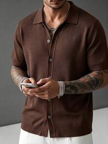 Men's Summer Casual Short Sleeve Knit Cardigan, Comfortable Basic Everyday Top, Suitable For Home, Outdoor, Beach Vacation, Perfect Gift For Husband - Brown - View 4