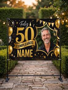 1pc - Customized Happy Birthday Backdrop, Customized Black & Gold Theme Printed Poster - Personalized Birthday Party Customized Photo And Name Poster - Suitable For Party Decorations, Birthday Gifts, Gallery Decor And Photo Props, Party Decorations, Unique Personalized Background Photography And Display, Party Decorations, Multi-Functional, Durable, Highly Decorative, Summer Holiday - Multicolor - View 4