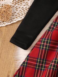 Purechapter Tween Girls European And American Style Cold Shoulder Elegant Plaid Asymmetric Hem Dress, Spring/Autumn New Arrival, Suitable For Daily Casual Outdoor Holiday Wear - Red and Black - View 5