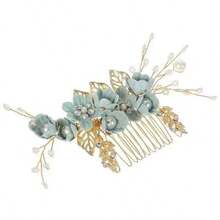 1pc Vintage Gold Wire Light Green Flower Faux Pearl Beaded Handmade Hair Comb Headpiece, Boho Bridal Headdress, Suitable For Weddings, Bridesmaids, Galas, Birthday Parties, Summer - Green - View 5