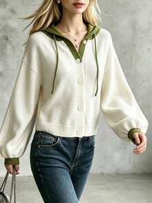 Cardigan Wanita Motif Blok Warna dengan Kancing Depan, Cardigan Rajut Lengan Panjang Kasual, Cocok untuk Pemakaian Sehari-hari di Musim Gugur/Dingin - Putih - View 5