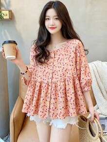 YUXIN Blusa holgada de mangas acampanadas con cuello redondo y volantes, top de manga de murciélago con estampado floral ditsy de moda para primavera - Rojo - Ver 2