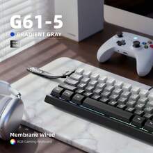 Teclado con cable 60% transparente, sin teclado numérico, con teclas contorneadas, teclado mini para juegos de 61 teclas, equipado con efecto de retroiluminación RGB genuino, cable de datos TYPE-C desmontable, adecuado para jugadores de PC, mecanógrafos, fácil de transportar - Gris - Ver 2