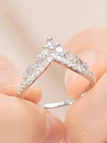 1 pièce Bague en forme de V incrustée de zircone, design entrelacé de zircone en forme de larme à la mode. Bague de luxe minimaliste française, convient pour le port quotidien et les occasions de fête. Cadeau idéal pour l'anniversaire et la fête des mères pour les femmes. - A - Voir 1