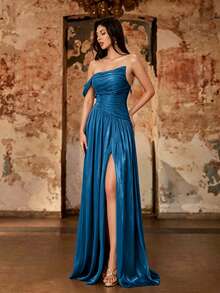 Summer/Autumn Elegant Asymmetric One-Shoulder Cinched Waist Pleated Shiny Satin High Slit A-Line Long Evening Gown, Backless Tie Design, Suitable For Wedding Guest Party - Teal Blue - View 8