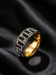 1pc Stainless Steel Wide Ring Black & White Alternating Full Zirconia Element Daily Party Outfit Couple Accessory - 1-piece Full Diamond Ring - View 17