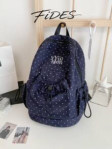 1PC Fashion Minimalist Polka Dot Drawstring Backpack, Letter Embroidery Accents, Soft Fabric Lightweight Shoulder-Friendly, Dual Side Drawstring Pocket Design, Ample Layered Storage Space, Korean Style Girly Vibe Classic Backpack, Versatile Practical Women's Bag For School, Travel, Commute - Multicolor - View 15