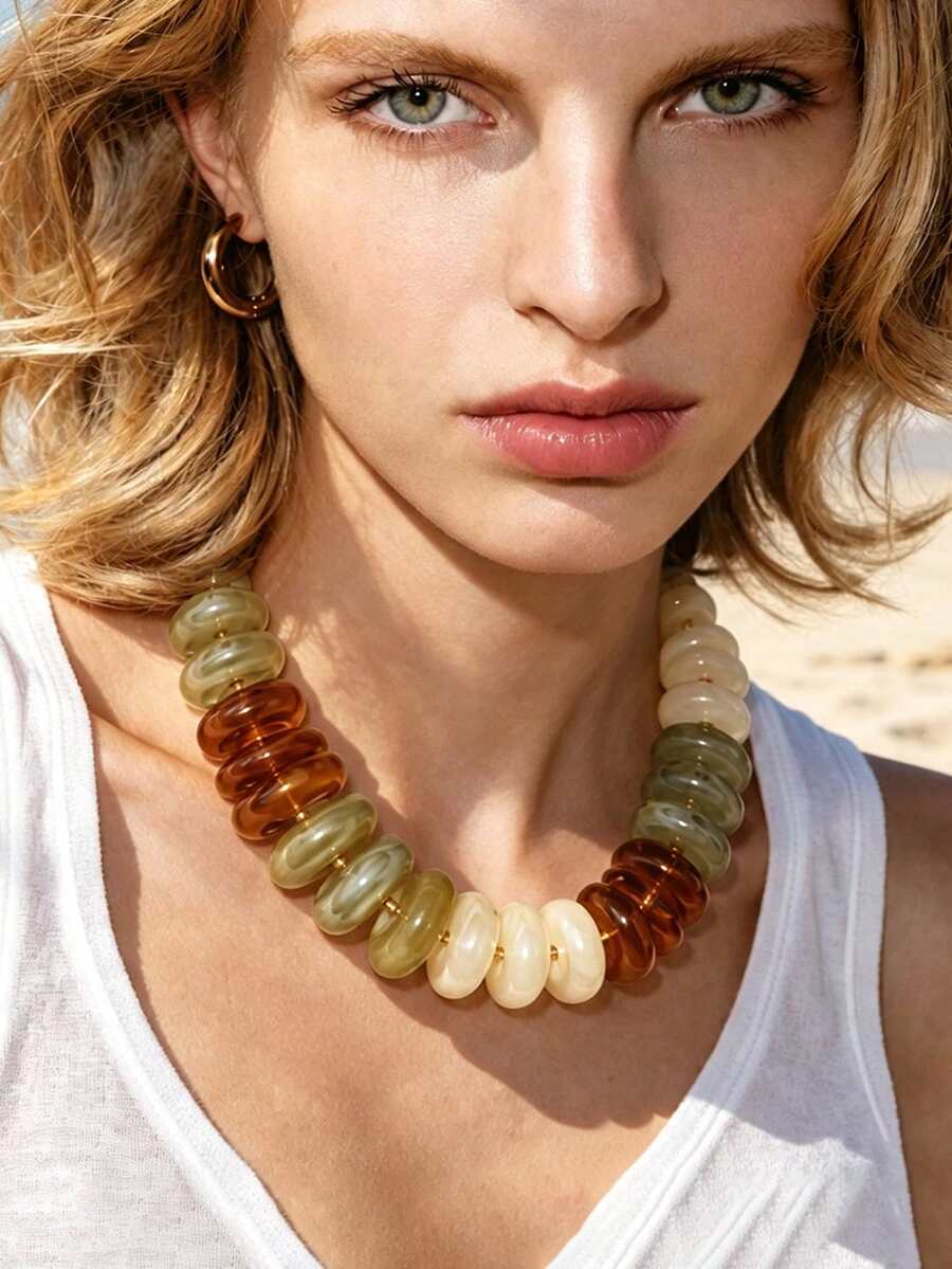 1pc European & American Bohemian Style Personalized Colorful Patchwork Large Asymmetrical Acrylic Beaded Necklace For Women, Vacation & Daily Wear