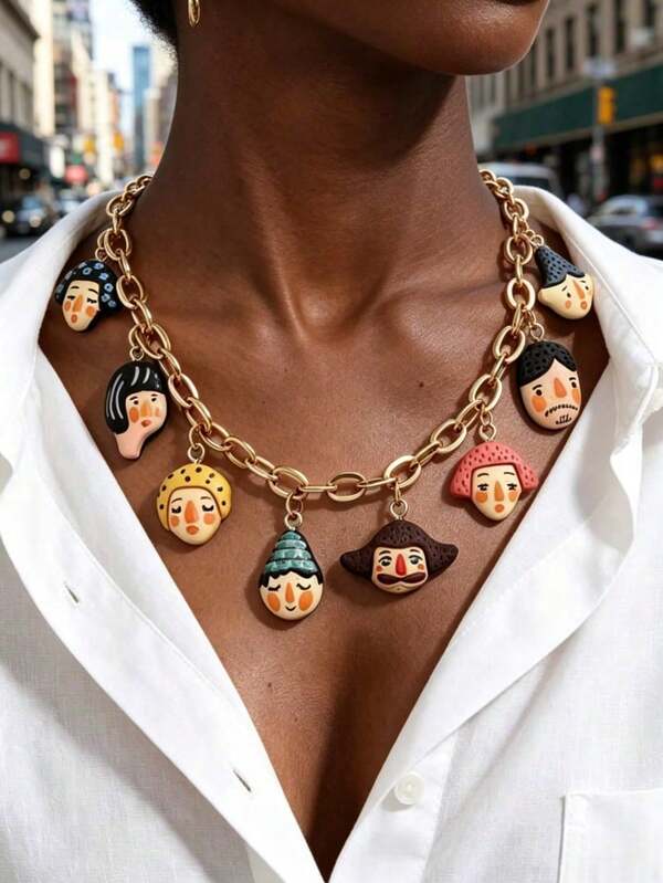 1 pièce Collier déclaration avec pendentif visage de dessin animé fantaisiste, chaîne épaisse ton or, bijou pendentif peint à la main artistique pour femmes