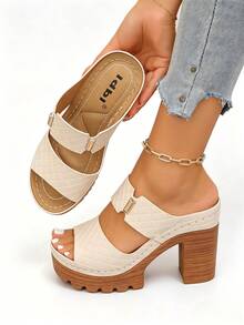 Women's High Heel Sandals Solid Color Hook & Loop Plus Size Wide Fit Lightweight Comfortable Chunky Heel Casual Commute Slip-On Sandals Slides Minimalist Summer Beach Style Slip-On Slides - Apricot - View 6