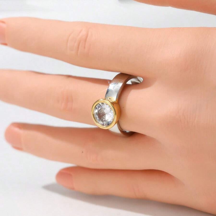 Women's Dual-Color Round Ring, Suitable For Daily Commute, Outdoor Shopping, Party Wear Accessory - Silver - View 1