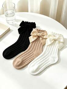 3 Pairs Women's/Girls' Bowknot Decorated Cable Knit Simple Socks, Suitable For Primary And Middle School Students To Match School Uniform - Multicolor - View 5