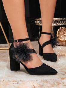 Black Pointed Toe Double Strap Chunky Heel Sandals, Tulle Flower Ankle Strap High Heels, Suitable For Evening Party - Black - View 5