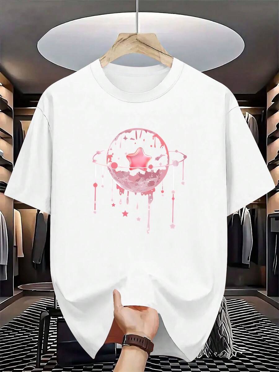 Plus-Size Men's Casual Round-Neck T-Shirt - Short Sleeve With Geometric Design, Polyester Knit Fabric, Slightly Elastic. - 白色 - 查看 1