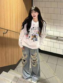 Lazy Casual Long Sleeve T-Shirt, Colorful Star Print, Autumn Street American Design Crew Neck Top White - White - View 2