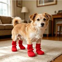 4pcs/Set Waterproof Pet Dog Shoes (Random Style), Non-Slip Soft Sole Scratch-Resistant, Washable And Reusable, Durable Pet Shoes Suitable For Bichon, Corgi And Other Dog Breeds, Pet Boots For Rainy, Snowy And Hot Road Surfaces, Rainy Day Pet Shoes - Red - View 1