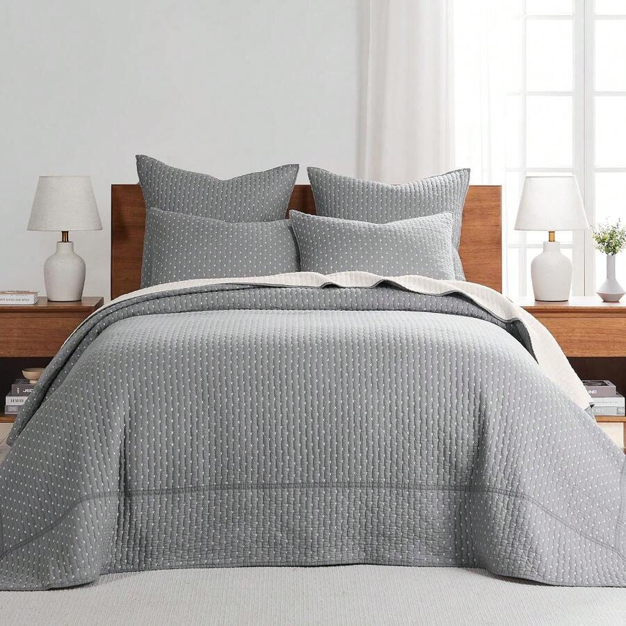 Levtex Home - Juego de Edredón de Punto de Cruz - 100% Algodón - Edredón King (106x92in.) + 2 Fundas de Almohada King (36x20 pulg.) Crema