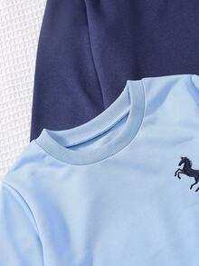 3pcs/Set Kids Pony Embroidery Crew Neck Sweatshirt, Boys Spring Autumn Colorblock Patchwork Long Sleeve Top, Soft Casual Pullover, Versatile Outwear For Little Boys - Multicolor - View 5