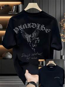 Camiseta de manga corta estampada para hombre - Estilo coreano y japonés - Algodón puro grueso - Prenda versátil para el verano - Negro - Ver 7