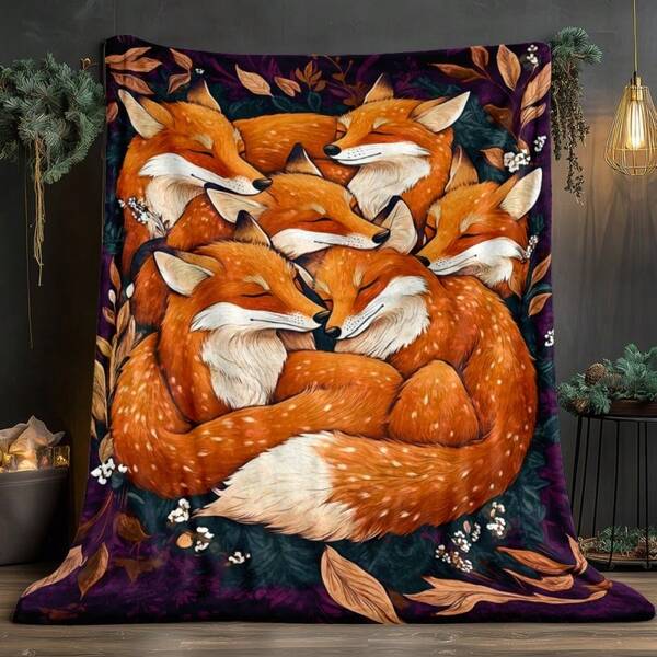 Cozy Fox Pattern Soft Fleece Blanket Rustic Country Cabin Thermal Insulated Winter Blanket – Premium Artistic Style