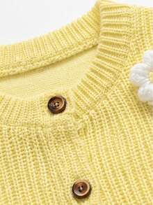 Korean Style Baby Girl Cream Honey Bee Knit Set, Textured Ribbed Single-Breasted Long Sleeve Cardigan With 3D Crochet Bee And White Flower, Solid Vertical Striped Slim Fit Long Pants, 2-Piece Spring Outfit - Yellow - View 5