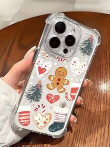 1pc Transparent Four-Corner Airbag Anti-Drop Phone Case, Christmas Atmosphere Phone Case, Transparent Base + Gingerbread Man & Christmas Socks Pattern, Raised Camera Lens, Non-Yellowing Soft Shell, Compatible With Apple 11, 12, 13, 14, 15, 16, 17 Pro Max Models, Summer Beach Style Phone Case, Suitable For Women And Girls, Compatible With Galaxy, Honor, Phones - Clear - View 2