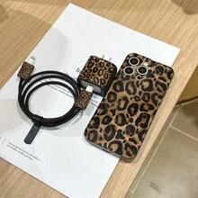 6件組黑色豹紋手機殼 + 充電頭保護套 + 數據線保護套 + 收納繩 + 數據線保護纏繩 TPU 防摔保護殼，適用 6 7 8 XXs XR XS Max 11 12 13 14 15 16 17 Pro Max，適合作為情侶、女性、女兒、男友、女友、青少年女孩的生日與聖誕禮物 - 彩色 - 查看 4