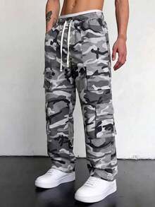 1pc Men's Casual Sports Cargo Pants, Loose Straight Fit, Wrinkled Texture, Suitable For Home And Outdoor Activities, Also Can Be A Gift For Couples. Made Of 100% Polyester Fiber, Equipped With Drawstring Waistband For Easy Adjustment - Light Grey - View 5
