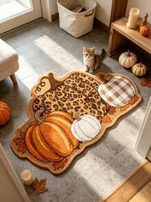 1pc Cartoon Leopard Print Plaid Pumpkin Shaped Rug, Vintage Halloween Style, Halloween, Outdoor Doormat, Kitchen Rug, Home Decor, Area Rug, Garden Rug, Washable Rug - Multicolor - View 3
