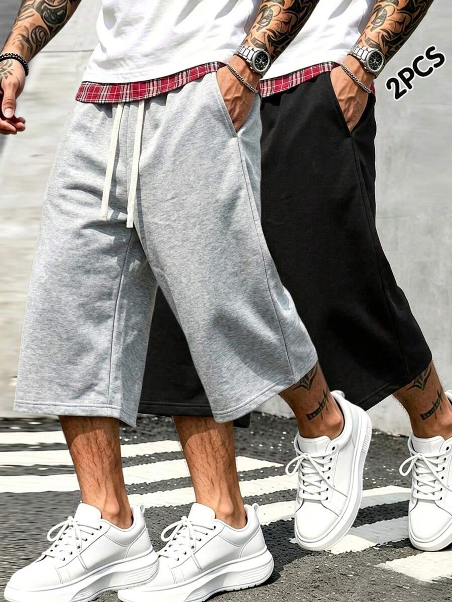 2件組男士春夏七分長運動休閒長褲,輕量純色,附口袋與抽繩腰頭,適合休閒運動與慢跑 - 彩色 - 查看 1