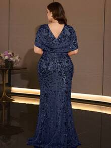 XUIBOL Women's Elegant Plus Size Sequin Mermaid Evening Gown, V-Neck Petal Sleeve Design, Perfect For Formal Dinner And Guest Attire - Navy Blue - View 3
