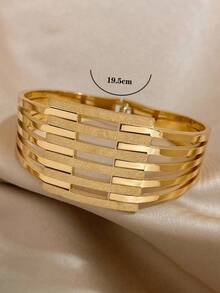 Geometric Hollow Horizontal Strip Matte Gold Stainless Steel Bracelet, Multi-Layer Stackable Wide Cuff, Commuter Luxury Chic Exquisite Hypoallergenic Fade-Resistant Hand Jewelry - Gold - View 6