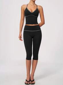 NcmRyu Women's One Set Contrast Color White Line Spaghetti Strap V-Neck Y-Back Tank Top & Butt-Lifting Mid-Length Shorts Sports Set - Black - View 5