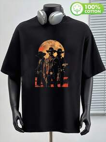 Men's Cotton T-Shirt, Short-Sleeved, Round Neck, Loose Fit, Casual Style.Suitable For Ranch-Themed Events And Parties. - 黑色 - 查看 1