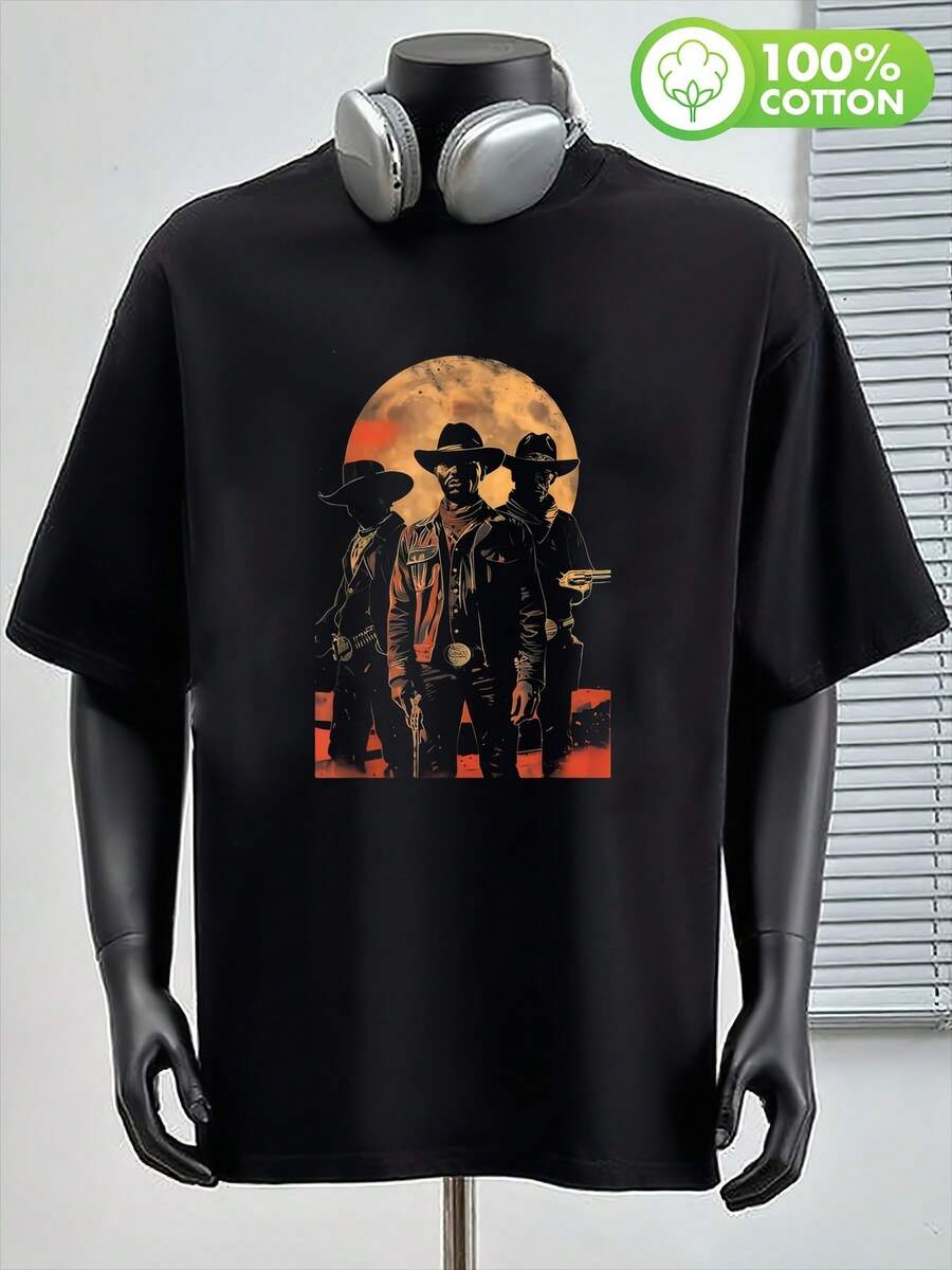 Men's Cotton T-Shirt, Short-Sleeved, Round Neck, Loose Fit, Casual Style.Suitable For Ranch-Themed Events And Parties. - 黑色 - 查看 1