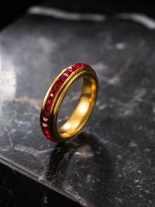1pc Stainless Steel Gold Ring, Pave Set Colorful Square Rhinestone Thin Band, Versatile Accessory For Daily Wear, Date And Party - Multicolor - View 38