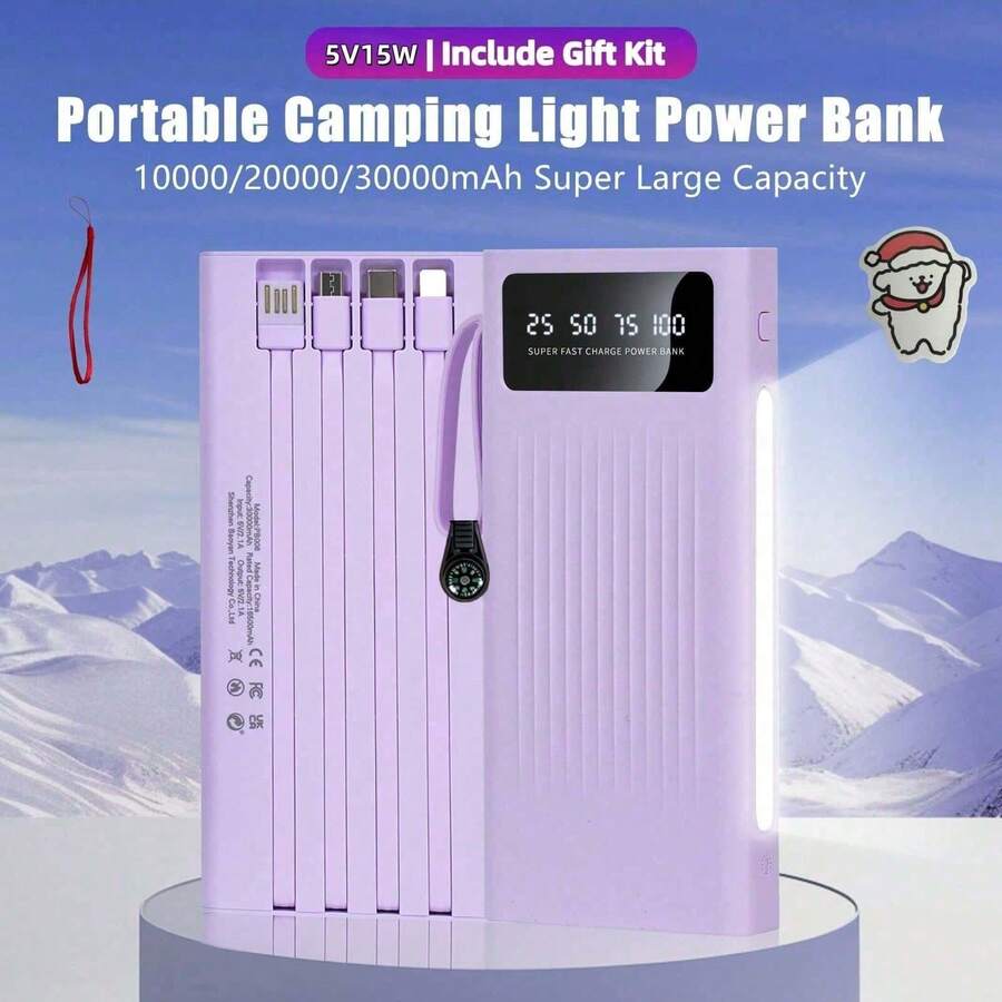 LADAPU 10000/20000/30000mAh超大容量5V2A便携式快充移动电源,高颜值商务简约风格充电器,内置4根电缆,4种模式超亮露营灯,旅行必备,适用于iPhone 6 7 8 X XR 11 12 13 14 15 16 Pro Max适用于iPad、Android手机,送给家人、朋友、孩子、生日、圣诞节、冬季、的礼物适合户外玩耍、购物、旅行、便携式电源超级快速充电,LED电量显示,适用于带有USB和Type-C端口的Android和iPhone设备的便携式充电器,安全稳定的聚合物锂电池。超级快速充电,LED 电量显示,适用于 Android 和 iPhone 设备的便携式充电器,带有 USB 和 Type-C 端口,安全稳定的聚合物锂电池适合户外玩耍、购物、旅行,适用于 Apple iPhone、iPad、Android 手机的便携式电源,适合家人、朋友、生日、圣诞节、冬季的礼物 - 紫色 - 查看 1