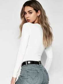 Women's Solid Color Round Neck Casual Daily Long Sleeve T-Shirt - Black and White - View 4