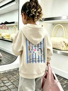 Little Girls Cute Cartoon Horse Graphic Casual Drop Shoulder Hoodie - Apricot - View 2