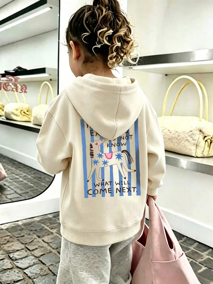 Little Girls Cute Cartoon Horse Graphic Casual Drop Shoulder Hoodie - Apricot - View 1