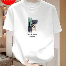 Men's 100% Pure Cotton Casual Loose Modern Abstract Letter Print Round Neck Short Sleeve T-Shirt - 款式 - 查看 1