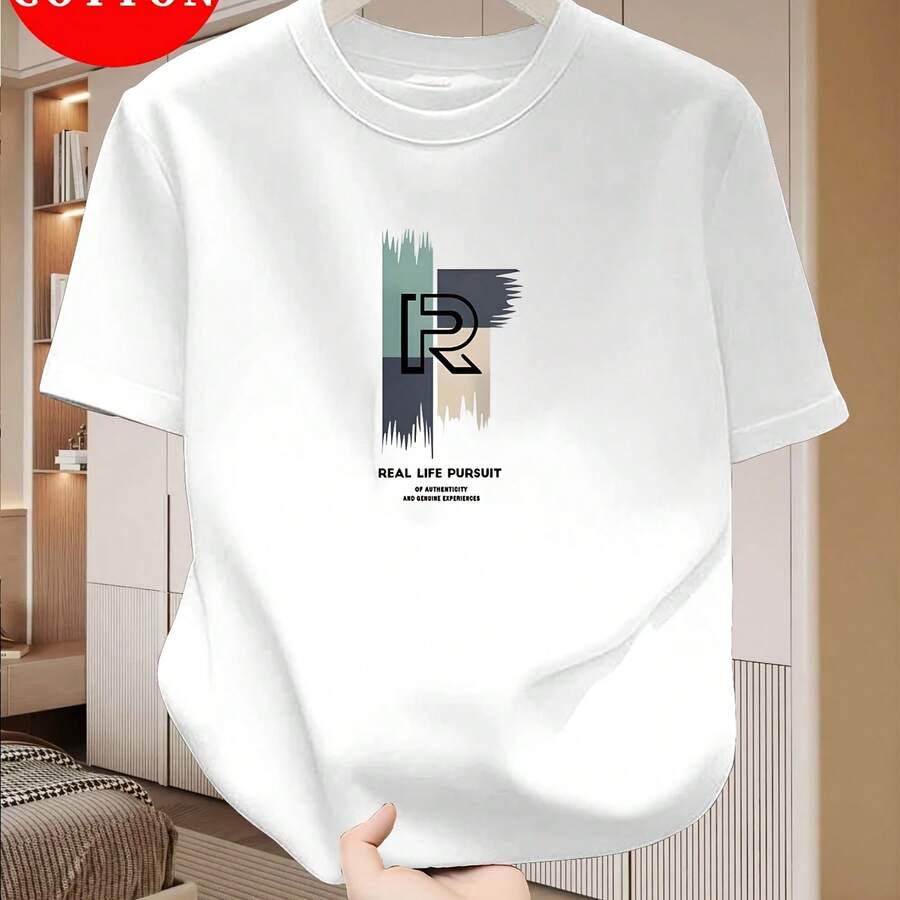 Men's 100% Pure Cotton Casual Loose Modern Abstract Letter Print Round Neck Short Sleeve T-Shirt - 款式 - 查看 1