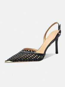 Sexy Fishnet Rhinestone Black Mesh High Heel Pumps For Women, Niche Design, European And American Style, Pointed Toe Evening Dress Shoes - Black - View 3
