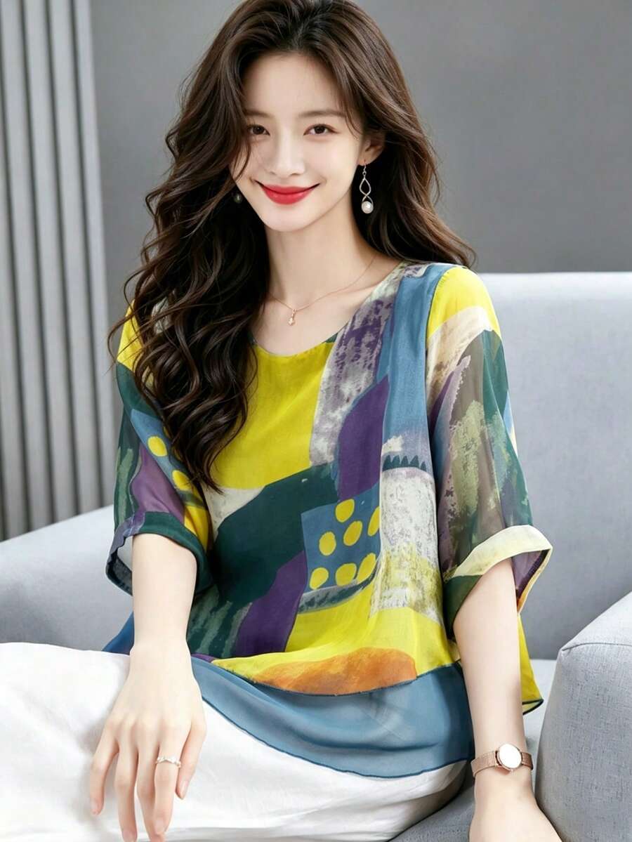 YUXIN New Spring/Summer Fashion Round Neck Printed Chiffon Blouse, Loose Design 2 In 1 Casual Top Vacation Yellow
