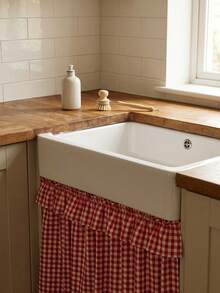 1pc Black And White Plaid Fabric Washable Material Round Basin Skirt With Ruched Hem And Pleated Details, Minimalist Fashion Style, Concealing Washbasin Storage And Decorative Function, Suitable For Bathroom Daily Arrangement And Modern Home Decor - Red - View 5
