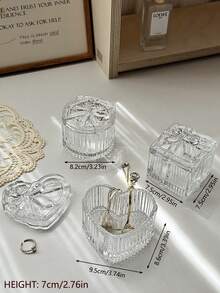 1pc Bowknot Heart-Shaped Glass Jewelry Box, Transparent Jewelry Jar With Bowknot Embossed Decoration, Home Glass Storage Box Decorative Ornament - Transparent - View 6