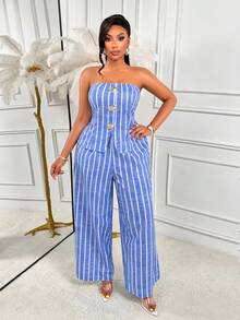 AIJ Amarilo Autumn Plus Size Casual Women's Blue Striped Bandeau Front Button Top And Wide Leg Pants 2 Pieces Set, Suitable For Party, Daily, Commute, Holiday Wear - Light Blue - View 6